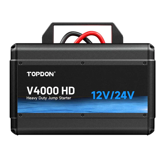 TOPDON V4000 HD : démarreur booster 12V/24V 4000A ultra puissant. Batterie LiFePO4 64000mAh, idéal voiture, camion et engins. Performance et sécurité pro.